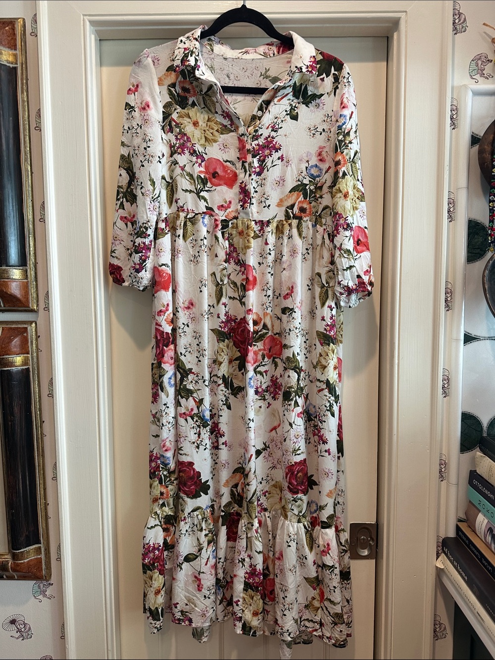 Floral Button-Front White Maxi Dress with Pink & Green Blooms